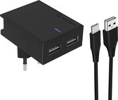 Oplader Dubbel USB 3A Smart IC USB-C Kabel Swissten Slim zwart