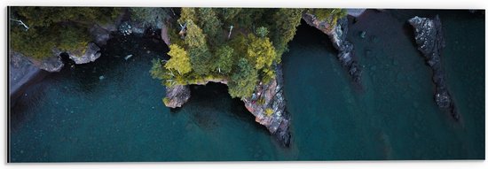 Dibond - Bossen en Zee vanaf boven - 60x20 cm Foto op Aluminium (Wanddecoratie van metaal)