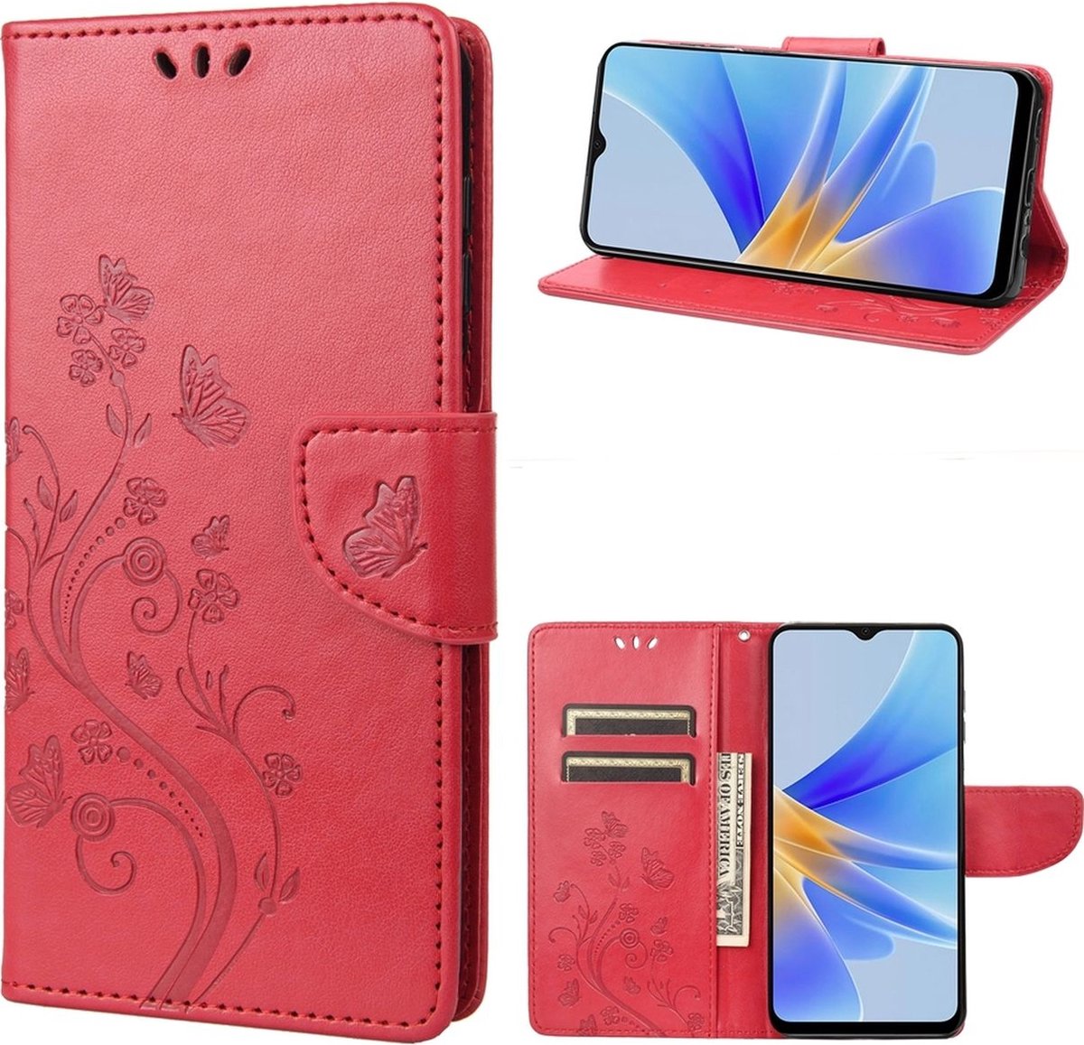 Mobigear Telefoonhoesje geschikt voor OPPO A17 Hoesje | Mobigear Flowers Bookcase Portemonnee | Pasjeshouder voor 3 Pasjes | Telefoonhoesje voor Pinpas / OV Kaart / Rijbewijs - Rood