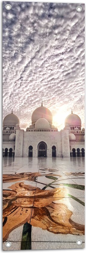 WallClassics - Tuinposter – Moskee in Abu Dhabi - Sjeik Zayed Moskee - 30x90 cm Foto op Tuinposter (wanddecoratie voor buiten en binnen)