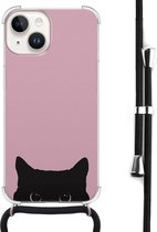 Coque iPhone 14 avec cordon - Chat noir - Coque en Siliconen avec impression - Antichoc - Protection Extra - Cordon noir inclus - Bandoulière - Coque arrière - Transparent, Rose