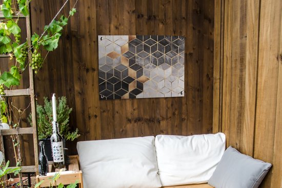 Tableau jardin Abstrait - Cube - Goud - Motifs - Zwart - Wit - 80x60 cm - Affiche jardin - Toile jardin - Affiche extérieur