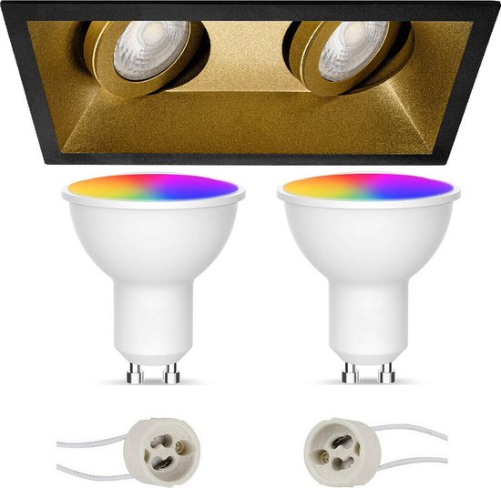 LED Spot Set GU10 - Oficto - Smart LED - Wifi LED - Slimme LED - 5W - RGB+CCT - Aanpasbare Kleur - Dimbaar - Afstandsbediening - Proma Zano Pro - Inbouw Rechthoek Dubbel - Mat Zwart/Goud - Kantelbaar - 185x93mm