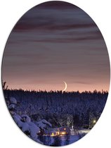 WallClassics - Dibond Ovaal - Smalle Maan boven Huisje in het Bos met Sneeuw - 51x68 cm Foto op Ovaal (Met Ophangsysteem)