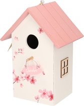 Nestkast/vogelhuisje hout wit met roze dak 15 x 12 x 22 cm