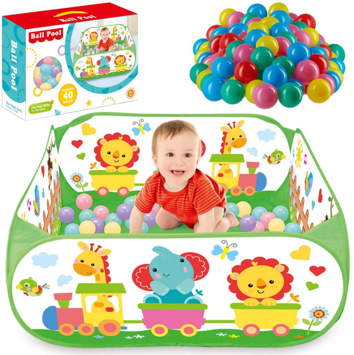 Decopatent® Ballenbak Incl 40 Stuks Ballenbak ballen - Dieren trein print - Ballenbak met 40 ballen voor ballenbak