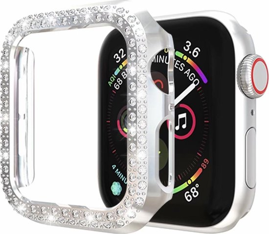 Zilverkleurige bumper hoes met diamanten om een Apple Watch 44MM.