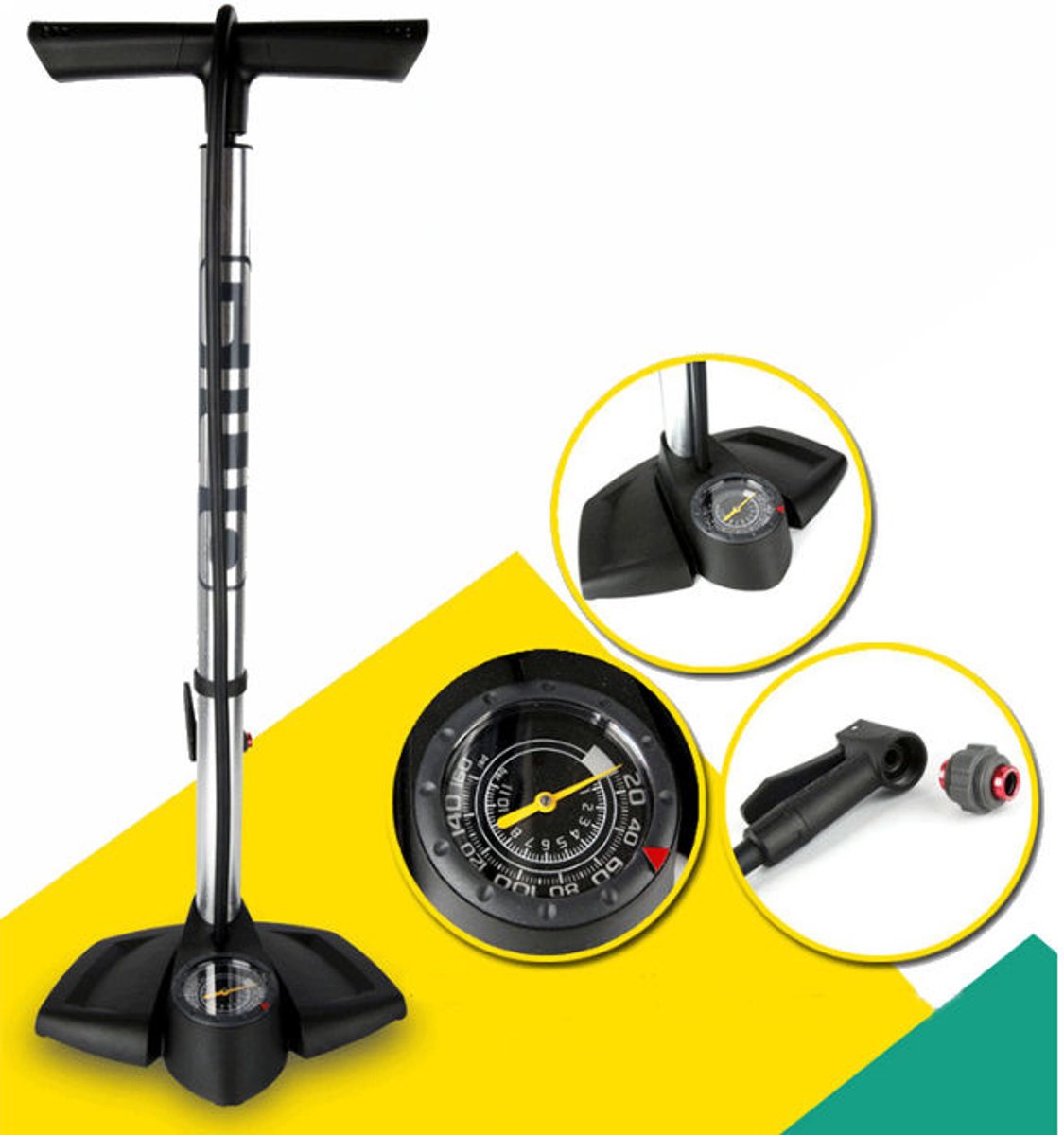 Decopatent® PRO Fietspomp met drukmeter - High Pressure - Fiets Vloerpomp - Incl Adapters - Fietspompen Racefiets Mtb Fiets E-Bike
