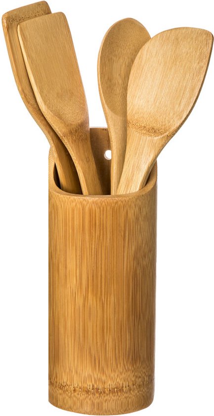 Decopatent® - support de cuisine Set - 5 ustensiles de cuisine pièces - Organisateur rond - Spatule set + Porte - Bois de Bamboe