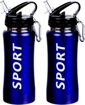 2x Sport Bidon drinkfles/waterfles Sport print blauw 420 Ml van Aluminium met karabijnhaak