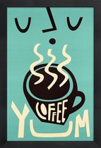 JUNIQE - Poster met houten lijst Yum Coffee -13x18 /Turkoois