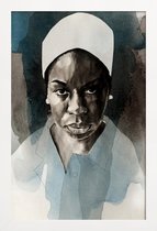 JUNIQE - Poster in houten lijst Nina Simone -40x60 /Blauw & Grijs