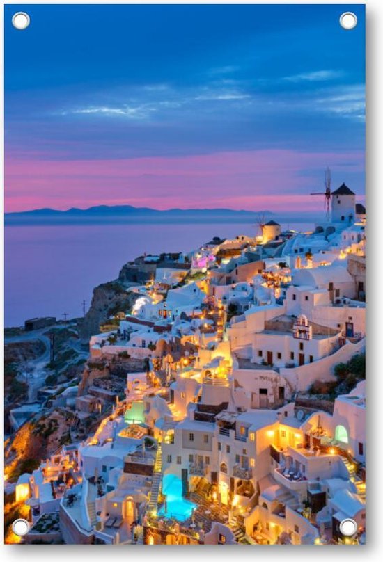 Oia met traditionele witte huizen en windmolens op het eiland Santorini, Griekenland in het blauwe avonduur - Tuinposter 60x90 - Wanddecoratie - Landschap