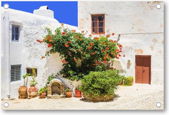 Charmante bloemenstraten van de oude stad op het eiland Naxos, Griekenland - Tuinposter 120x80 - Wanddecoratie - Bloemen