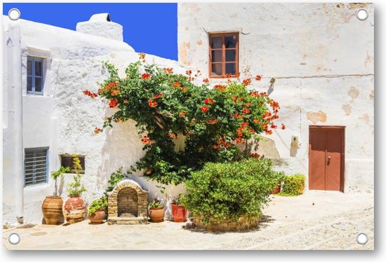 Charmantes rues fleuries de la vieille ville sur l'île de Naxos, Grèce - Affiche de jardin 120x80 | Décoration murale - Fleurs