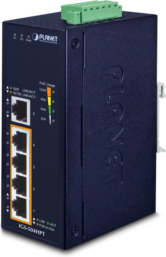 PLANET IGS-504HPT netwerk-switch Unmanaged L2 Gigabit Ethernet (10/100/1000) Power over Ethernet (PoE) Blauw
