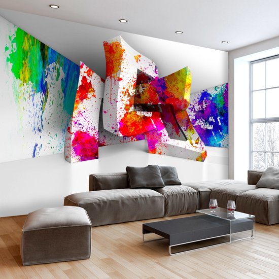 Papier peint 3D coloré avec des formes abstraites et des éclaboussures dans un salon.