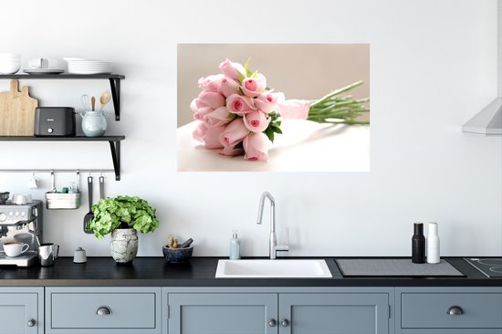 Sticker Muursticker Rose rose - bouquet de rose rose sur tableau blanc - 90x60 cm - film adhésif autocollant - sticker mural repositionnable