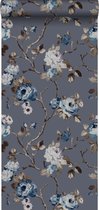 Origin behang bloemen vintage blauw en taupe - 347429 - 53 cm x 10,05 m