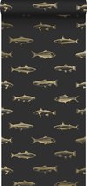 ESTAhome behang pentekening vissen zwart en goud - 139124 - 0.53 x 10.05 m