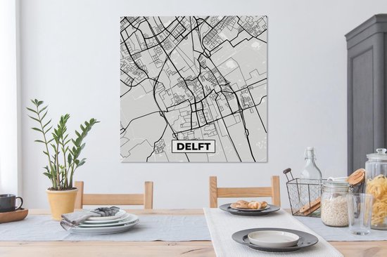 Tableau sur Toile Carte de Ville - Delft - Grijs - Wit - 90x90 cm - Décoration murale