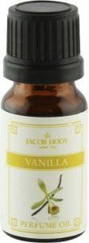 Amberkleurige fles met zwarte dop. Het label toont 'Jacob Hooy', 'Vanilla' en een illustratie van een vanillebloem en peul.