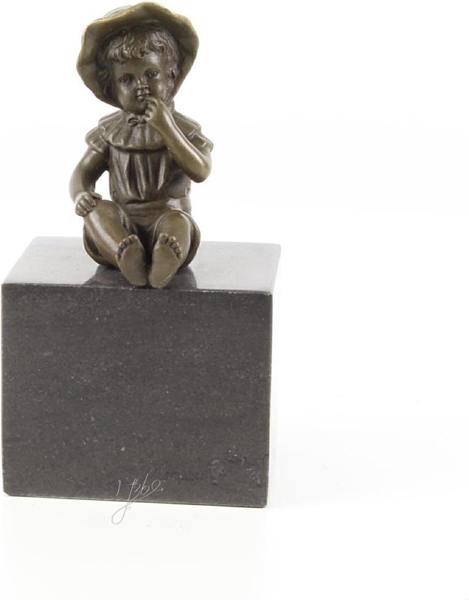 Zittend meisje - Bronzen beeld - brons op marmer - 15,3 cm hoog