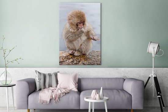 Bébé singe dans la neige 80x120 cm - impression photo sur toile peinture (Décoration murale salon / chambre à coucher) / Animaux sauvages Peintures Toile