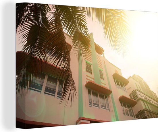 Canvas Schilderij Roze en turquoise façade van een hotel in het Art Deco District in Miami - 60x40 cm - Wanddecoratie