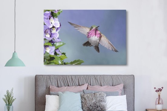 Un colibri calliope aux fleurs violettes Toile 180x120 cm - Tirage photo sur Toile (Décoration murale salon / chambre) XXL / Groot format!