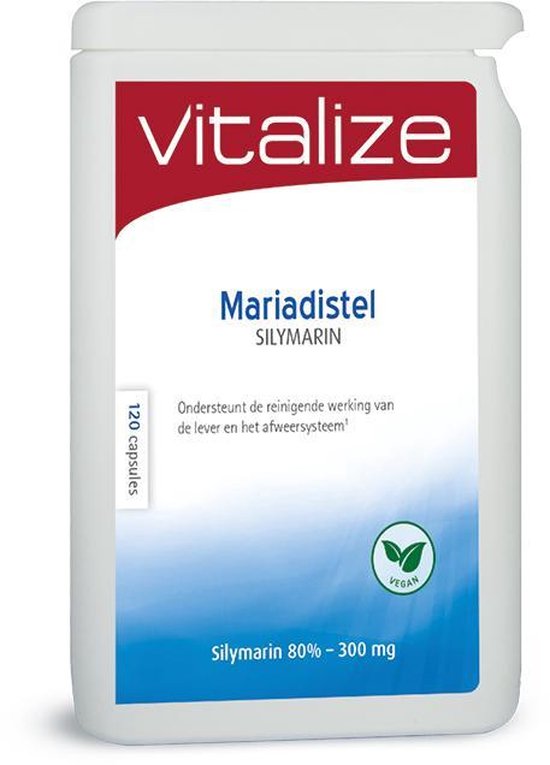 Witte pot Vitalize Mariadistel 120 capsules met blauwe accenten, ondersteunt lever en afweersysteem, vegan.