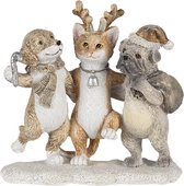 Clayre & Eef Kerstdecoratie Beeld Honden en Kat 13*5*12 cm Grijs, Beige, Wit Kunststof Decoratief Figuur Decoratieve Accessoires Kerstdecoratie voor Binnen