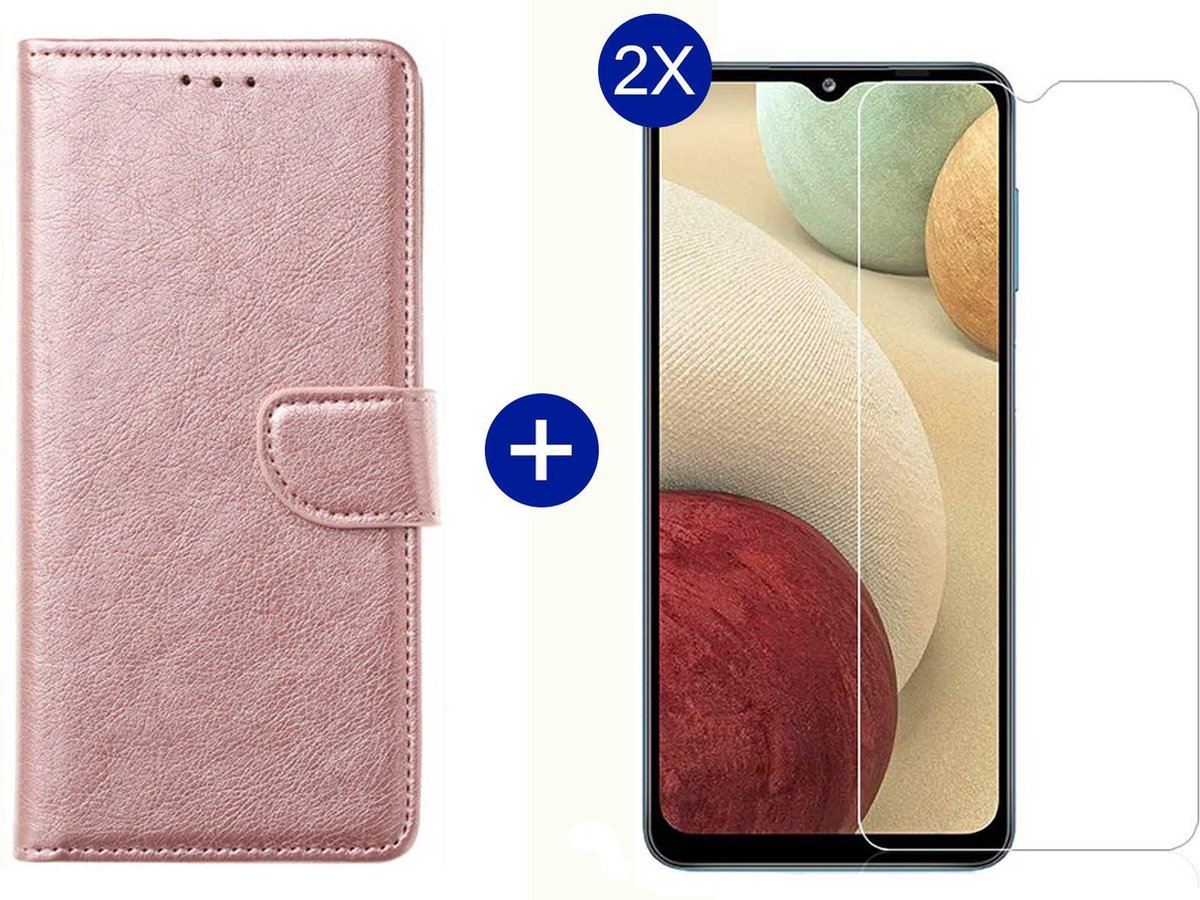 BixB Samsung A12 hoesje - Met 2x screenprotector / tempered glass - Book Case Wallet - Roségoud