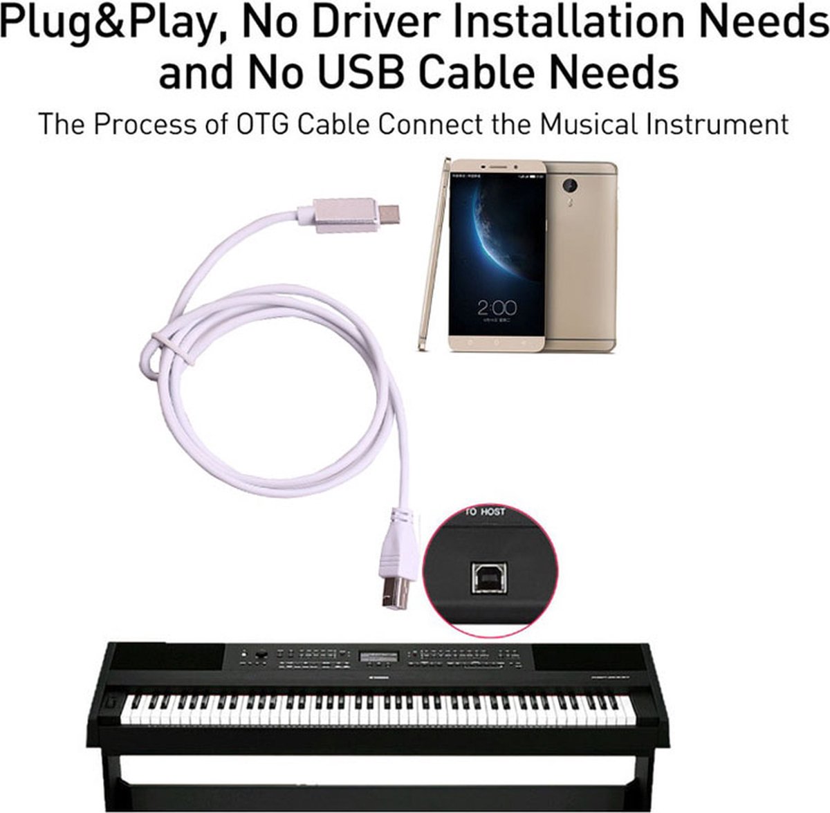 OTG-kabel Type C naar USB-B voor printer, piano en MIDI thumbnail 2