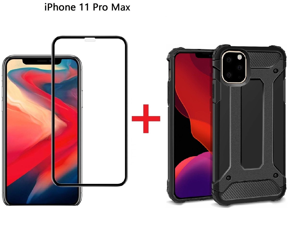 Hoesje Geschikt voor iPhone 11 Pro Max Screen Protecter Zwart + Armor Hoesje