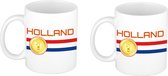 2x stuks Holland vlag met medaille beker / mok wit - 300 ml - Nederland supporter / fan