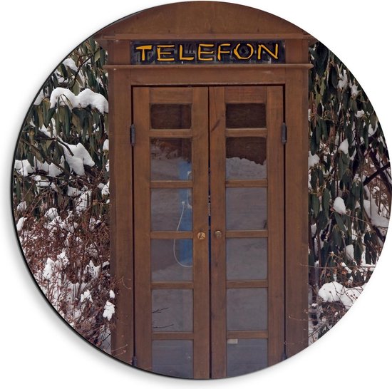 Dibond Wandcirkel - Bruin Verroeste Telefooncel onder de Sneeuw  - 40x40cm Foto op Aluminium Wandcirkel (met ophangsysteem)