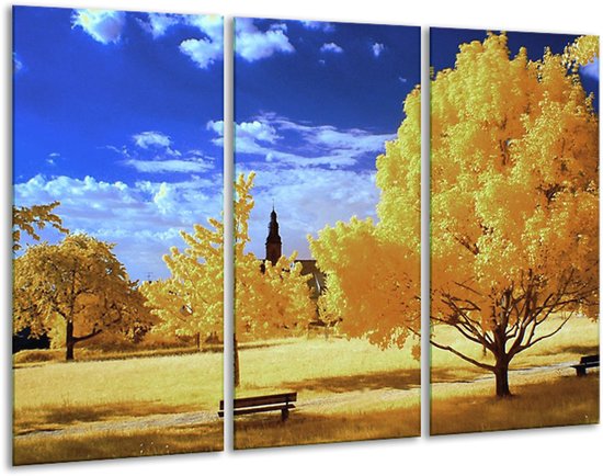 GroepArt - Schilderij -  Natuur - Geel, Blauw, Wit - 120x80cm 3Luik - 6000+ Schilderijen 0p Canvas Art Collectie