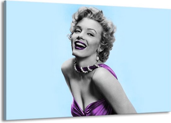 Schilderij Op Canvas - Groot -  Marilyn Monroe - Blauw, Paars, Grijs - 140x90cm 1Luik - GroepArt 6000+ Schilderijen Woonkamer - Schilderijhaakjes Gratis