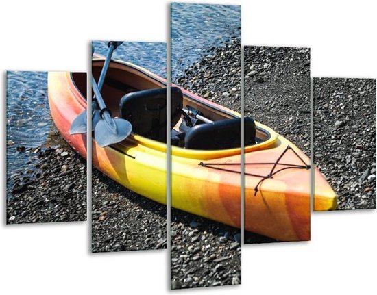 Glasschilderij -  Kayak, Sport - Geel, Oranje, Grijs - 100x70cm 5Luik - Geen Acrylglas Schilderij - GroepArt 6000+ Glasschilderijen Collectie - Wanddecoratie- Foto Op Glas
