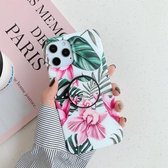 Schokbestendige IMD TPU-beschermhoes met opvouwbare houder voor iPhone 12 mini (bananenbladeren rode bloem)