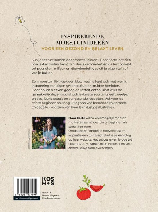 Achterkant van 'De Moestuin' met een foto van Floor Korte tussen planten, boekdetails en een streepjescode.
