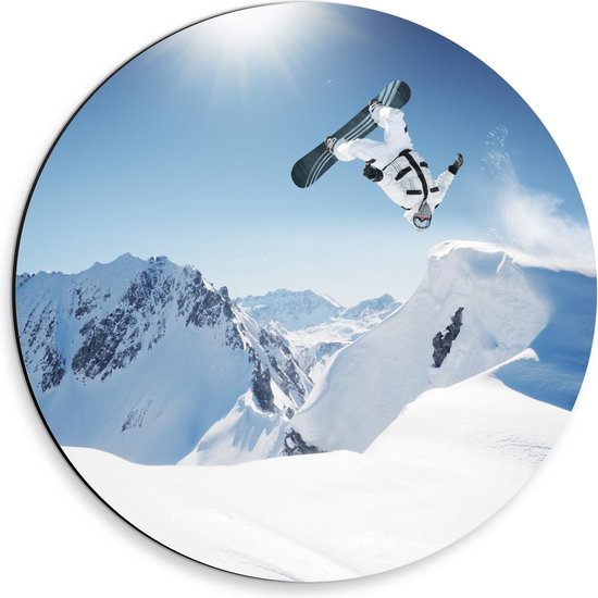 Dibond Wandcirkel - Snowboarder in Backflip - Foto op Aluminium Wandcirkel (met ophangsysteem)