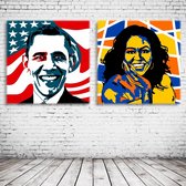 Barack & Michelle Obama Pop Art Canvas - 80 x 80 cm - Canvasprint - Op dennenhouten kader - Geprint Schilderij - Popart Wanddecoratie Canvas x2 - 80 x 80 cm - Canvasprint - Op denn