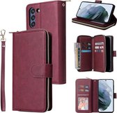 Voor Samsung Galaxy S21 FE Rits Portemonnee Tas Horizontale Flip PU Lederen Case met Houder & 9 Kaartsleuven & Portemonnee & Lanyard & Fotolijst (Rode Wijn)