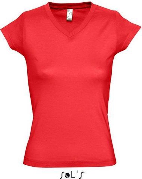 Set van 3x stuks dames t-shirt  V-hals rood - 100% katoen - Basic fit - 150 grams kwaliteit, maat: 40 (L)