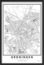 Poster Stad Groningen - A4 - 21 x 30 cm - Inclusief lijst (Zwart Aluminium) Citymap - Stadsposter - Plaatsnaam poster Groningen  - Stadskaart / Plattegrond