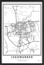 Poster Stad Leeuwarden - A4 - 21 x 30 cm - Inclusief lijst (Zwart Aluminium) Citymap Leeuwarden / Liwwadden - Stadsposter - Plaatsnaam poster Ljouwert - Stadsplattegrond