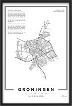 Poster Stad Groningen - A4 - 21 x 30 cm - Inclusief lijst (Zwart Aluminium)  Stadskaart - Plattegrond Groningen - Plaatsnaam poster - Citymap + Stukje geschiedenis