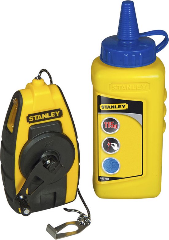 Gele Stanley slaglijnmolen met zwarte hendel en blauwe dop. Naast een gele Stanley krijtmolen met blauw krijt.